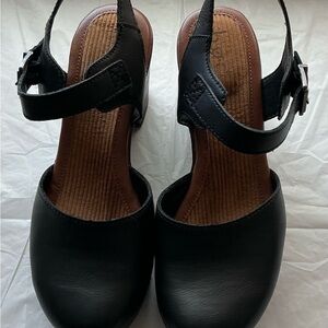 b.o.c. Black Leather Ankle Strap Clogs